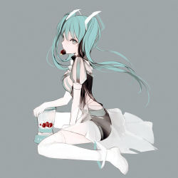 Rule 34 | 1girl, ascot, bad id, bad tumblr id, between legs, blender (object), blue hair, boots, dress, elbow gloves, food, fruit, gloves, grey background, grey eyes, hair ornament, hand between legs, hatsune miku, long hair, lpip, mixer, mouth hold, puff and slash sleeves, puffy short sleeves, puffy sleeves, see-through, short sleeves, shorts under dress, simple background, sitting, solo, strawberry, thigh boots, thighhighs, twintails, vocaloid, wariza, white dress, white footwear, white gloves, white thighhighs, zettai ryouiki