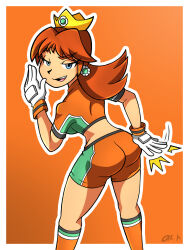 Rule 34 | 1girl, artist name, ass, blue eyes, breasts, brown hair, covering own mouth, daisy&#039;s hot stuff (meme), gloves, half-closed eyes, hand over own mouth, highres, kiro13, large breasts, legs, looking at viewer, looking back, mario (series), mario strikers (series), midriff, naughty face, nintendo, princess daisy, seductive gaze, seductive smile, short hair, shorts, sideboob, smile, soccer, soccer uniform, solo, spanked, spanking, spanking self, sportswear, super mario strikers, taunting, teasing, teeth, thighs, tongue