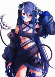 Rule 34 | 1girl, bandeau, belt, black bandeau, black belt, black hair, black jacket, black skirt, blue belt, blue hair, blush, breasts, brown eyes, can, chest belt, cleavage, collarbone, commentary request, cowboy shot, curled horns, demon girl, demon horns, demon tail, grey horns, hair between eyes, hebiyoi tier, hebiyoi tier (1st costume), highres, holding, holding can, horns, jacket, long hair, long sleeves, looking at viewer, medium breasts, multicolored hair, nanashi inc., navel, off shoulder, open clothes, open jacket, open mouth, paint on clothes, paint on fingers, pointy ears, sidelocks, simple background, skirt, snake bite, solo, spray can, sugar lyric, tail, temari maco, two-tone hair, very long hair, virtual youtuber, white background