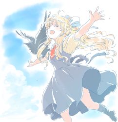Rule 34 | 1girl, ahoge, air (visual novel), animal on arm, bird, bird on arm, blonde hair, closed eyes, cloud, crow, dress, grey dress, happy, high ponytail, kamio misuzu, long hair, mitsumoto jouji, necktie, open mouth, outstretched arms, ponytail, puffy short sleeves, puffy sleeves, red necktie, running, school uniform, short sleeves, sidelocks, sky, solo, spread arms, teeth, very long hair