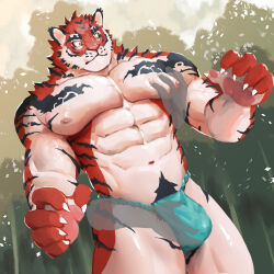 Rule 34 | 1boy, abs, animal ears, aqua male underwear, bamboo, bamboo forest, bara, bulge, crave saga, crotch grab, forest, fundoshi, furry, furry male, grabbing, groping, japanese clothes, large hands, large pectorals, m7 (m7ishere), male focus, male pubic hair, mature male, muscular, muscular male, nature, navel, navel hair, nipples, orange fur, pectoral grab, pectorals, pubic hair, short hair, solo focus, stomach, thick eyebrows, thick thighs, thighs, tiger boy, tiger ears, topless male, two-tone fur, yata no kagami (crave saga)