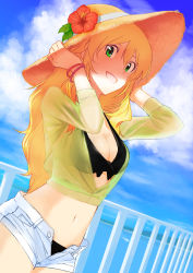 Rule 34 | 1girl, :d, absurdres, bikini, black bikini, blonde hair, blue sky, breasts, cleavage, cloud, day, dutch angle, fence, flower, green eyes, grin, gulim, hands on headwear, hat, hat flower, hibiscus, highres, hoshii miki, idolmaster, idolmaster (classic), looking at viewer, medium breasts, midriff, navel, ocean, open fly, open mouth, railing, see-through, shade, shirt, short shorts, shorts, sky, smile, sun hat, sunlight, swimsuit, unzipped, water