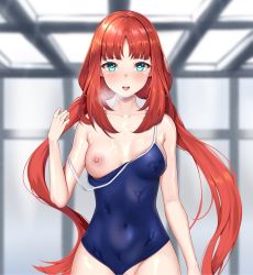 Rule 34 | 1girl, alternate costume, aqua eyes, bare arms, bare shoulders, blue one-piece swimsuit, blurry, blurry background, breasts, breath, clothing aside, collarbone, commentary request, covered navel, dot nose, genshin impact, hand up, highleg, highleg swimsuit, highres, indoors, light blush, long hair, looking at viewer, low twintails, matrix16, medium breasts, nilou (genshin impact), nipples, no horns, one-piece swimsuit, one breast out, open mouth, out-of-frame censoring, red hair, school swimsuit, solo, strap slip, swimsuit, swimsuit aside, towel, twintails, water, wet, wet clothes, wet swimsuit, white towel