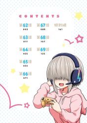 Rule 34 | 1girl, abstract background, blush, chapter number, controller, english text, game controller, grey hair, hair over eyes, headset, highres, hood, hoodie, japanese text, livestream, microphone, official art, open mouth, pink hoodie, solo, take (shokumu-taiman), uzaki-chan wa asobitai!, uzaki yanagi