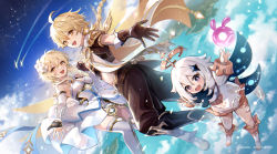 Rule 34 | 1boy, 2girls, aether (genshin impact), bare shoulders, black gloves, blonde hair, blue eyes, blue sky, braid, braided ponytail, brother and sister, cloud, dress, fairy, fingerless gloves, frilled dress, frills, full body, genshin impact, gloves, hair ornament, halo, highres, looking at viewer, lumine (genshin impact), midriff, multiple girls, ocean, open mouth, paimon (genshin impact), pants, qi2341, scenery, seelie (genshin impact), shooting star, short sleeves, siblings, single thighhigh, sky, smile, star (symbol), star hair ornament, thighhighs, vambraces, white dress, white hair, yellow eyes