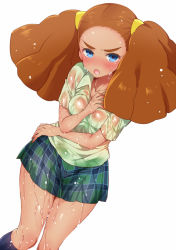 Rule 34 | 1girl, bad id, bad pixiv id, big hair, black socks, blue eyes, blush, breasts, brown hair, character request, hizuki akira, kneehighs, long hair, looking at viewer, open mouth, plaid, plaid skirt, see-through, simple background, skirt, socks, solo, twintails, water, wet, wet clothes, white background