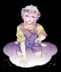 Rule 34 | 1boy, barefoot, basil (headspace) (omori), basil (omori), blood, blood on face, blue overalls, flower, green hair, head wreath, highres, kneeling, looking at viewer, ma2uwa, omori, open mouth, overall shorts, overalls, red eyes, shirt, short hair, short sleeves, smile, solo, spoilers, yellow shirt