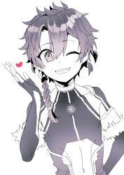 Rule 34 | 1boy, alexander (fate), asymmetrical hair, bishounen, braid, braided ponytail, clothing cutout, covered collarbone, elbow gloves, eyelashes, fate/grand order, fate (series), fingerless gloves, gloves, greyscale, hair between eyes, hand on own hip, hand up, heart, highres, kawasemi (pocorit), male focus, monochrome, navel, navel cutout, one eye closed, simple background, solo, spot color, teeth