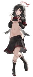 Rule 34 | 1girl, absurdres, armband, black choker, black footwear, black hair, black sailor collar, black skirt, black socks, blue archive, blush, bow, bowtie, breasts, choker, clothes pull, commentary request, feathered wings, full body, halo, highres, jeon-eo konoshiro, kneehighslegwear garter, long sleeves, looking at viewer, low wings, mashiro (blue archive), medium hair, navel, parted lips, pleated skirt, purple eyes, red bow, red bowtie, sailor collar, school uniform, serafuku, shoes, simple background, skirt, skirt pull, socks, solo, stomach, underboob, white background, winged halo, wings
