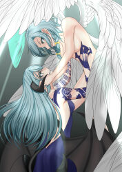 Rule 34 | 2girls, absurdres, angel and devil, angel wings, ascending, highres, hikawa hina, hikawa sayo, lime eyes, multiple girls, musical note tattoo, smile, wings, you-q (youq14)
