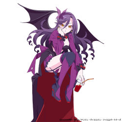 Rule 34 | 10s, 1girl, almaria, ange vierge, boots, cape, drill hair, drink, earrings, garter straps, hairband, hand on own cheek, hand on own face, holding, jewelry, knee boots, long hair, long sleeves, official art, parted lips, purple footwear, purple hair, solo, thighhighs, wings, yellow eyes