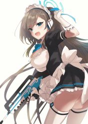 Rule 34 | 1girl, apron, assault rifle, asuna (blue archive), black dress, blue archive, blue eyes, blush, breasts, brown hair, bullpup, cleavage, dress, famas, frilled dress, frills, gloves, gun, halo, headset, highres, holding, holding gun, holding weapon, kyuuri (miyako), large breasts, long hair, looking at viewer, maid, maid headdress, open mouth, rifle, simple background, solo, thighhighs, very long hair, weapon, white apron, white background, white gloves, white thighhighs