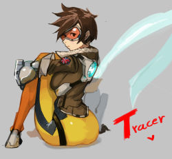 Rule 34 | 1girl, ass, bad id, bad pixiv id, bodysuit, breasts, brown hair, character name, full body, goggles, grey background, hong doo, jacket, looking at viewer, looking back, medium breasts, overwatch, overwatch 1, short hair, simple background, sitting, solo, tracer (overwatch)