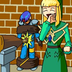 Rule 34 | 1boy, 1girl, aliasing, animated, animated gif, armor, ball busting, bdsm, belt, blonde hair, blue hair, blue pants, blunt bangs, bound, brick wall, bulge, cbt, character request, closed eyes, commentary, dboy, dress, femdom, gold star soul kick, green dress, headband, indoors, kilaru larch, laughing, long sleeves, lowres, open mouth, pain, pants, parted hair, pauldrons, red headband, sanpaku, shoulder armor, tied up, triangle mouth, violence