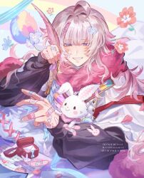Rule 34 | 1boy, 1girl, ahoge, flower, fragaria memories, hair flower, hair ornament, highres, holding, holding quill, long hair, male focus, multicolored background, pink flower, pink hair, purple background, purple flower, quill, rabbit, red background, red flower, sanrio, smile, solo, teeth, willmesh (fragaria memories), wish me mell, yaoyaobae, yellow background