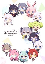 Rule 34 | 6+girls, :d, :o, ;), ;3, ^ ^, absurdres, ahoge, ai-chan (honkai impact), aiguillette, animal, animal ears, animal on hand, anniversary, apron, arm cutout, arm scrunchie, armor, arms up, asymmetrical gloves, asymmetrical horns, belt, belt buckle, black dress, black footwear, black gloves, black hair, black legwear, black sailor collar, black scrunchie, blue dress, blue eyes, blue hair, blue jacket, blue ribbon, blue skirt, blush, bodysuit, bow, bracelet, braid, breasts, bridal garter, bronya zaychik, bronya zaychik (valkyrie chariot), brown belt, brown eyes, brown gloves, brown legwear, buckle, chibi, china dress, chinese clothes, cleavage cutout, closed eyes, clothing cutout, collared shirt, commentary request, copyright name, cropped jacket, cross-laced clothes, crossed bangs, dated, detached sleeves, double bun, dress, drill hair, elbow gloves, everyone, fake horns, fang, fingerless gloves, flat chest, flower, flower knot, fox ears, fox mask, frilled apron, frilled dress, frilled headband, frills, fu hua, fu hua (blue swallow), fu hua (valkyrie accipiter), full body, garter straps, gauntlets, gloves, gold trim, green bow, green hair, grey eyes, grey hair, hair between eyes, hair bow, hair bun, hair flaps, hair ornament, hair over one eye, hair over shoulder, hairband, hand on own chin, hand on own hip, hand to own mouth, hands on own hips, highres, homu (honkai impact), honkai (series), honkai impact 3rd, horn ornament, horn ribbon, horns, jacket, japanese clothes, jewelry, juliet sleeves, kallen kaslana, kallen kaslana (ritual imayoh), kiana kaslana, kiana kaslana (white comet), kimono, large breasts, leg strap, liliya olenyeva, long hair, long sleeves, looking at viewer, low ponytail, maid, maid apron, maid headdress, mask, mechanical horns, mechanical tail, medium breasts, mejamo, messy hair, military jacket, mismatched gloves, mole, mole on breast, multicolored hair, multiple girls, murata himeko, murata himeko (battle storm), no mole, nontraditional miko, nun, obi, one eye closed, one side up, open clothes, open dress, open mouth, pantyhose, parted bangs, pauldrons, pink hair, plaid, plaid skirt, pleated skirt, ponytail, power suit, prosthesis, prosthetic leg, puffy short sleeves, puffy sleeves, purple eyes, purple hair, purple legwear, purple skirt, purple sleeves, raiden mei, raiden mei (crimson impulse), red flower, red hair, red rose, ribbon, ribbon-trimmed legwear, ribbon trim, rita rossweisse, rita rossweisse (umbral rose), rose, rozaliya olenyeva, sailor collar, sash, scrunchie, see-through, seele vollerei, seele vollerei (swallowtail phantasm), shirt, short hair, short kimono, short shorts, short sleeves, shorts, shoulder armor, showgirl skirt, siblings, side braid, sidelocks, signature, single braid, sisters, skin fang, skirt, sleeveless, sleeveless dress, small breasts, smile, spade (shape), standing, standing on one leg, striped clothes, striped shirt, tail, theresa apocalypse, theresa apocalypse (valkyrie pledge), thick eyebrows, thigh strap, thighhighs, twin braids, twin drills, twins, two-tone hair, uneven horns, very long hair, white background, white bodysuit, white dress, white kimono, white legwear, white ribbon, yae sakura, yae sakura (gyakushinn miko), yellow eyes, zettai ryouiki, |d