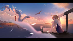 Rule 34 | 1girl, absurdres, akinaz, barefoot, bird, blonde hair, blue eyes, blurry foreground, chinese commentary, cloud, commentary request, highres, legs up, letterboxed, looking at viewer, ocean, original, pier, ponytail, school uniform, seagull, sitting, sky, sunset