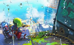 Rule 34 | 1other, absurdres, blue sky, blurry, blurry background, building, cloud, commentary request, gas mask, green hair, highres, holding, holding weapon, hydra splatling (splatoon), inkling (language), long hair, mask, nintendo, octoling, octoling player character, paint, rain, satellite dish, signature, sky, skyscraper, splatoon (series), splatoon 3, standing, sticker, tarai (silica5), tentacle hair, weapon