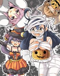 Rule 34 | 10s, 4girls, :d, :p, ahoge, akebono (kancolle), alternate costume, animal ears, animal hood, arms up, bandaid, bandaid on face, black hair, blush, breasts, brown eyes, brown hair, fang, hair bobbles, hair ornament, halloween, hat, hood, jack-o&#039;-lantern, kantai collection, large breasts, long hair, miyamaru, multiple girls, mummy, oboro (kancolle), open mouth, pink eyes, pink hair, purple eyes, purple hair, sazanami (kancolle), side ponytail, smile, tongue, tongue out, ushio (kancolle), witch hat, wolf ears