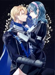 Rule 34 | 1boy, 1girl, armor, black background, black dress, black gloves, black jacket, black pants, blonde hair, blue cape, blue eyes, blue hair, breasts, byleth (female) (fire emblem), byleth (fire emblem), cape, couple, dimitri alexandre blaiddyd, dress, fire emblem, fire emblem: three houses, gloves, hair between eyes, hairband, hamut nl, hand on another&#039;s cheek, hand on another&#039;s face, hand on another&#039;s hip, hand on another&#039;s shoulder, highres, jacket, light blush, long sleeves, looking at another, medium breasts, medium hair, metal gloves, military, military uniform, nintendo, pants, parted bangs, parted lips, puffy sleeves, short hair, shoulder armor, sitting, sitting on lap, sitting on person, smile, uniform