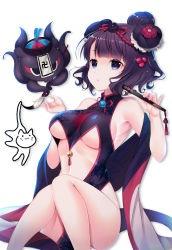 Rule 34 | 1girl, animal, bare legs, bare shoulders, bell, black dress, breasts, calligraphy brush, china dress, chinese clothes, commentary request, cosplay, dress, fate/grand order, fate (series), folded fan, folding fan, hair bun, hair ornament, hand fan, hands up, highres, holding, holding fan, holding paintbrush, jingle bell, katsushika hokusai (fate), knees together feet apart, ko yu, koyanskaya (chinese lostbelt outfit) (fate), koyanskaya (fate), koyanskaya (fate) (cosplay), long sleeves, looking at viewer, medium breasts, octopus, paintbrush, parted lips, pelvic curtain, purple eyes, purple hair, simple background, single hair bun, sitting, sleeveless, sleeveless dress, tamamo (fate), tokitarou (fate), white background