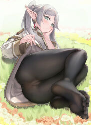 Rule 34 | 1girl, absurdres, ass, black pantyhose, cameltoe, capelet, cleft of venus, closed mouth, clothes lift, commentary request, dangle earrings, earrings, elbow rest, elf, female focus, field, flower, flower field, frieren, full body, green eyes, grey hair, head rest, highres, huge filesize, jacket, jewelry, lifting own clothes, long hair, looking at viewer, lying, no shoes, on ground, on side, outdoors, pantyhose, parted bangs, pointy ears, skirt, skirt lift, soles, solo, sousou no frieren, toes, twintails, white capelet, white jacket, white skirt, yuye