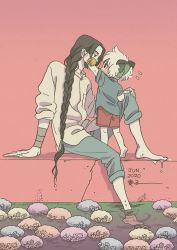 Rule 34 | 2boys, absurdres, age difference, animal ears, arm up, barefoot, black hair, braid, braided ponytail, breast pocket, cat boy, cat ears, child, crack, dated, flower, grey shirt, highres, long hair, luo xiaohei, luo xiaohei (human), luo xiaohei zhanji, mugi-co, multiple boys, pink background, pocket, profile, ripples, shadow, shirt, short hair, short sleeves, soaking feet, very long hair, white hair, white shirt, wuxian (the legend of luoxiaohei)