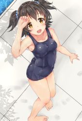 Rule 34 | 10s, 1girl, akagi miria, barefoot, black hair, blush, breasts, brown eyes, f yuunny, feet, highres, idolmaster, idolmaster cinderella girls, one-piece swimsuit, open mouth, school swimsuit, short hair, sketch, smile, solo, swimsuit, twintails, two side up