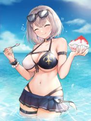 Rule 34 | 1girl, :p, ^ ^, alternate costume, arm strap, bikini, bikini skirt, blue sky, blush, braid, breasts, choker, cleavage, closed eyes, eyewear on head, food, gloves, hair between eyes, highres, holding, holding food, holding spoon, hololive, large breasts, luzzi (milllim), mole, navel, ocean, shirogane noel, shirogane noel (summer 2020), short hair, silver hair, skindentation, sky, solo, spoon, stomach, sunglasses, swimsuit, thigh strap, tongue, tongue out, virtual youtuber, wading, wet, wrist cuffs