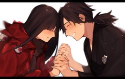 Rule 34 | 1boy, 1girl, black hair, closed eyes, fate/grand order, fate (series), highres, holding hands, jacket, japanese clothes, kimono, letterboxed, long hair, low ponytail, oryou (fate), oryou (lancer) (fate), red jacket, sakamoto ryouma (fate), sakamoto ryouma (lancer) (fate), scarf, smile, usamimikurage, white background