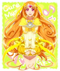 Rule 34 | 0417nao, 10s, 1girl, bad id, bad pixiv id, black border, border, bow, brooch, bubble skirt, character name, choker, circlet, cure muse, cure muse (yellow), dress, earrings, green background, hair ribbon, heart, jewelry, long hair, magical girl, musical note, orange hair, precure, purple eyes, quaver, ribbon, shirabe ako, skirt, smile, solo, suite precure, yellow bow, yellow skirt, yellow theme