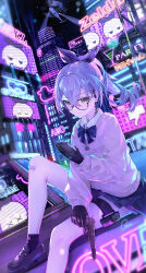 Rule 34 | 1girl, absurdres, aircraft, alternate color, alternate costume, bandaid, bandaid on knee, bandaid on leg, bespectacled, billboard, black footwear, black gloves, black socks, bow, bowtie, building, cellphone, city, city lights, closed mouth, collared shirt, commentary request, crossed bangs, drill hair, drill ponytail, earpiece, foot out of frame, geez, glasses, gloves, grey eyes, grey hair, gun, hair between eyes, hair intakes, hair ribbon, handgun, helicopter, highres, holding, holding gun, holding phone, holding weapon, holster, honkai: star rail, honkai (series), loafers, long sleeves, looking at viewer, miniskirt, neon lights, night, outdoors, phone, ponytail, purple bow, purple bowtie, purple ribbon, purple skirt, ribbon, shirt, shoes, signature, silver wolf (honkai: star rail), sitting, skirt, smartphone, socks, solo, suppressor, sweater, thigh holster, weapon, white shirt, white sweater, x x