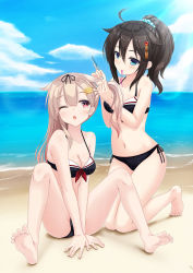 Rule 34 | 10s, 2girls, :&gt;, ;o, ahoge, alternate hairstyle, bare arms, bare shoulders, barefoot, beach, bikini, black hair, blonde hair, blue eyes, blush, breasts, cleavage, cloud, cloudy sky, comb, day, feet, grabbing another&#039;s hair, gradient hair, hair flaps, hair ornament, hair ribbon, hairclip, highres, hirocchi, kantai collection, kneeling, long hair, medium breasts, multicolored hair, multiple girls, navel, ocean, one eye closed, open mouth, outdoors, ponytail, red eyes, ribbon, scrunchie, shigure (kancolle), sitting, sky, smile, swimsuit, yuudachi (kancolle)