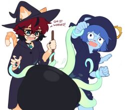 Rule 34 | 2girls, aeiou (yoako), animal ears, black-framed eyewear, black hair, black hat, black nails, black robe, blue hair, cat ears, cat girl, cat tail, character request, d:, fangs, furry, furry female, glasses, hat, holding, holding stick, multicolored hair, multiple girls, nail polish, open mouth, original, red hair, robe, sharp teeth, short hair, simple background, stick, tail, teeth, tentacles, two-tone hair, upper teeth only, white background, witch, witch hat, yoako