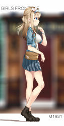 Rule 34 | 1girl, alternate costume, ankle boots, badge, bag, bare legs, black footwear, blue eyes, blue hairband, blue jacket, blue skirt, blurry, blurry background, blush, boots, bracelet, breasts, brown hair, button badge, casual, closed mouth, copyright name, expressionless, from side, full body, girls&#039; frontline, hair between eyes, hair ornament, hairband, handbag, highres, jacket, jewelry, jushiliu, long hair, medium breasts, no socks, one side up, open clothes, open jacket, shirt, shoulder bag, skirt, snowflake hair ornament, solo, standing, striped clothes, striped skirt, suomi (girls&#039; frontline), unbuttoned, vertical-striped clothes, vertical-striped skirt, white shirt