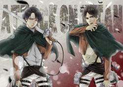 Rule 34 | 2boys, bad id, bad pixiv id, belt, black hair, blade, blurry, brown hair, cape, copyright name, depth of field, eren yeager, feathers, grey theme, jacket, levi (shingeki no kyojin), long sleeves, multiple boys, open mouth, over shoulder, parted bangs, shingeki no kyojin, short hair, three-dimensional maneuver gear, weapon, weapon over shoulder, yano (404878)