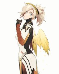 Rule 34 | 1girl, arm up, bad id, bad tumblr id, black gloves, blonde hair, blue eyes, bodysuit, breasts, cowboy shot, feathered wings, from side, gloves, halo, high ponytail, long hair, looking at viewer, maro (lij512), mechanical halo, mercy (overwatch), overwatch, overwatch 1, parted lips, ponytail, signature, simple background, solo, standing, upper body, white background, wings