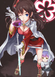 Rule 34 | 10s, 1girl, atelier (series), atelier totori, blue eyes, boots, breasts, brown hair, cape, chemicals, chim (atelier), cleavage, crossover, dress, earrings, female focus, flask, headdress, hom (atelier), ichinose shiki, idolmaster, idolmaster cinderella girls, jewelry, light purple hair, long hair, one eye closed, open mouth, red dress, round-bottom flask, short hair, side ponytail, sleeves past wrists, smile, solo, solo (focus), sword, tsuyadashi shuuji, weapon, yellow eyes