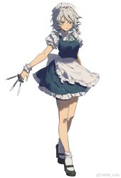 Rule 34 | 1girl, apron, black footwear, blue dress, blue eyes, blush, bow, braid, chinese commentary, closed mouth, collared shirt, commentary request, dress, frilled dress, frills, full body, green bow, green ribbon, grey hair, guozimiao, hair between eyes, hair bow, highres, holding, holding knife, izayoi sakuya, knife, lips, looking at viewer, maid headdress, mary janes, neck ribbon, puffy short sleeves, puffy sleeves, ribbon, shirt, shoes, short hair, short sleeves, simple background, socks, solo, standing, touhou, twin braids, v-shaped eyebrows, waist apron, weibo logo, weibo watermark, white apron, white background, white shirt, white socks, wrist cuffs
