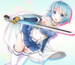 Rule 34 | 10s, 1girl, :d, armband, bad id, bad pixiv id, belt, blue eyes, blue hair, cape, fortissimo, gloves, hair ornament, hairclip, magical girl, mahou shoujo madoka magica, mahou shoujo madoka magica (anime), mahou shoujo madoka magica movie 1 &amp; 2, matching hair/eyes, miki sayaka, musical note, musical note hair ornament, open mouth, polka dot, polka dot background, ratryu, short hair, smile, solo, soul gem, sword, thighhighs, weapon, zettai ryouiki