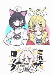 Rule 34 | 3girls, ahoge, animal ears, black choker, black hair, black mask, blonde hair, blue archive, cat ears, choker, colored inner hair, extra ears, giorgio (yo sumire sola1), halo, jacket, kazusa (band) (blue archive), kazusa (blue archive), long hair, looking at viewer, low twintails, mask, mask pull, middle finger, mouth mask, multicolored hair, multiple girls, natsu (band) (blue archive), natsu (blue archive), official alternate costume, open clothes, open jacket, pink hair, pink halo, red eyes, red jacket, shirt, short hair, short sleeves, simple background, twintails, white background, white shirt, yellow eyes, yellow halo, yellow jacket, yoshimi (band) (blue archive), yoshimi (blue archive)