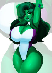 Rule 34 | 1girl, arm up, bare arms, bare legs, bare shoulders, breasts, cleavage cutout, clothing cutout, colored skin, curvy, earrings, green hair, green skin, highleg, highleg leotard, highres, jennifer walters, jewelry, ladycandy2011, large breasts, leotard, long hair, looking at viewer, marvel, she-hulk, shiny skin, simple background, solo, stretching, superhero costume, very long hair, zoom layer