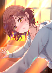Rule 34 | 1girl, absurdres, blush, brown hair, check commentary, collarbone, commentary, commentary request, curtains, eyelashes, getting up, hair ornament, hairclip, highres, higuchi madoka, hood, hoodie, idolmaster, idolmaster shiny colors, jewelry, light rays, long sleeves, looking at viewer, messy hair, parted bangs, parted lips, pendant, sakurai708, short hair, solo, sunbeam, sunlight, sweat, upper body, window, yellow eyes