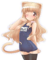 Rule 34 | 1girl, :&lt;, animal ears, brown eyes, brown hair, cat ears, chicago-x, long hair, name tag, one-piece swimsuit, one eye closed, original, school swimsuit, solo, swimsuit, thighhighs, wink