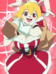 Rule 34 | 1girl, aetherion, bag, belt, blonde hair, breasts, carrot (one piece), christmas, cleavage, dress, furry, furry female, gloves, hat, highres, holding, holding bag, large breasts, looking at viewer, one piece, open mouth, rabbit girl, red eyes, santa dress, santa hat, smile, solo, teeth, upper teeth only, white gloves