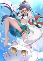 Rule 34 | 1girl, absurdres, animal ears, barefoot, black hair, blue sky, cat, cat ears, cat tail, cloud, cloudy sky, feet, food, full body, green skirt, guye deng, hair between eyes, hair ornament, highres, holding, holding food, honkai: star rail, honkai (series), knees together feet apart, long hair, looking at viewer, skirt, sky, solo, tail, tanghulu, toenails, toes, yellow eyes, yunli (honkai: star rail)