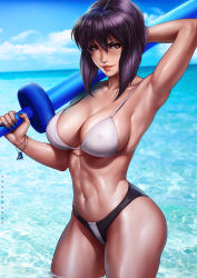Rule 34 | 1girl, alternate costume, arm behind head, arm up, armpits, artificial eye, artist name, bare shoulders, beach, bikini, black bikini, blue nails, blue sky, bracelet, breasts, cleavage, closed mouth, cloud, collarbone, covered erect nipples, curvy, dandon fuga, day, female focus, foam, ghost in the shell, ghost in the shell stand alone complex, hair between eyes, highleg, highleg bikini, highres, holding, holding sword, holding toy, holding weapon, jewelry, kusanagi motoko, large breasts, lips, looking at viewer, mecha, mechanical eye, mismatched bikini, nail polish, navel, ocean, outdoors, partially submerged, pinup (style), purple hair, realistic, red eyes, robot, shiny skin, short hair, sideboob, sky, smile, solo, standing, string bikini, swimsuit, sword, toned, toy, wading, walker (robot), water, waves, weapon, white bikini