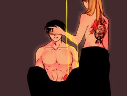 Rule 34 | 1boy, 1girl, back tattoo, back turned, bare pectorals, black hair, blindfold, blonde hair, covering privates, expressionless, fingernails, fullmetal alchemist, hand on another&#039;s face, long hair, nude, nude cover, pectorals, riza hawkeye, roy mustang, scar, short hair, simple background, standing, tattoo