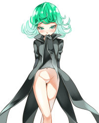 Rule 34 | 1girl, arms behind back, black dress, blush, bottomless, dress, green eyes, green hair, jindai3663, looking at viewer, matching hair/eyes, mouth hold, navel, one-punch man, pussy, simple background, solo, tatsumaki, white background