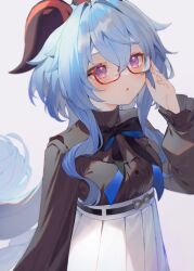 Rule 34 | 1girl, belt, black belt, black bow, black bowtie, black shirt, blue bow, blue bowtie, blue hair, blush, bow, bowtie, breasts, buttons, commentary request, ganyu (genshin impact), genshin impact, glasses, goat horns, grey background, hair between eyes, hand up, highres, horns, kanase (mcbrwn18), long hair, long sleeves, looking to the side, medium breasts, open mouth, ponytail, puffy long sleeves, puffy sleeves, purple eyes, shirt, sidelocks, simple background, skirt, solo, standing, two-tone bow, two-tone bowtie, white skirt